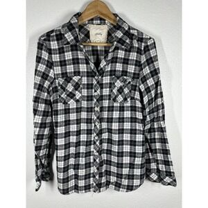 Destiny Shirt Womens XL Black White Plaid Flannel Button Front Elastic Waist Top